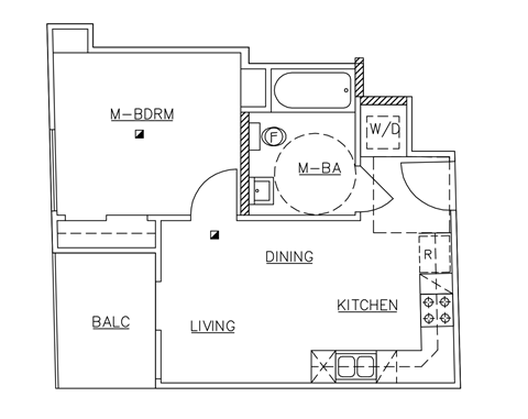 A floor plan of a house with a kitchen, dining area, and living room.